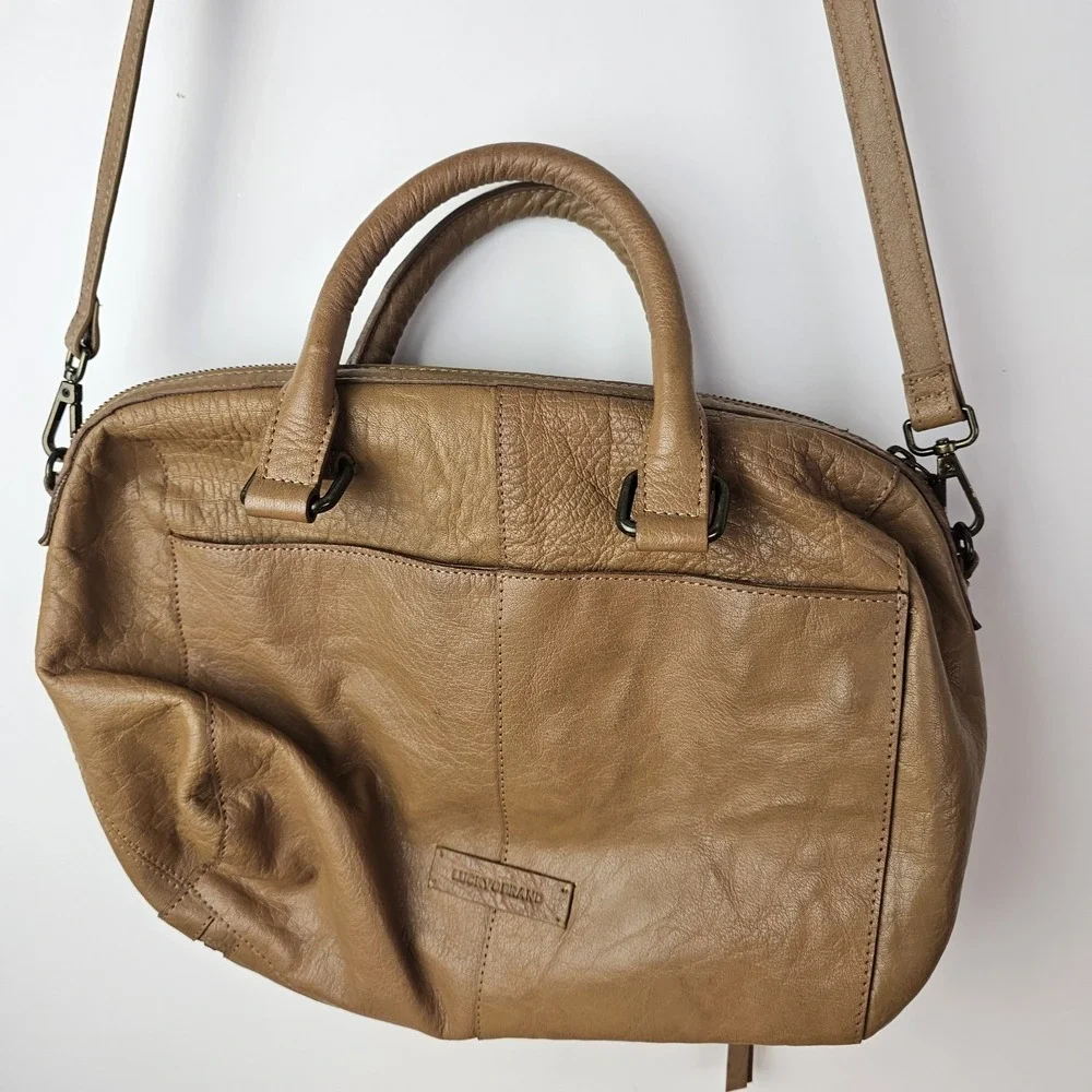 Lucky Brand Tan Brown Leather Satchel‎ Shoulder Crossbody Bag Purse Zip Medium